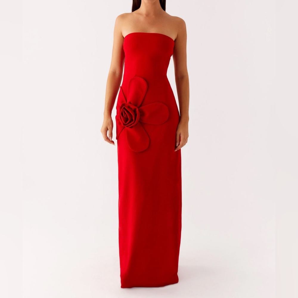 Red Strapless Maxi Dress with Floral Detail